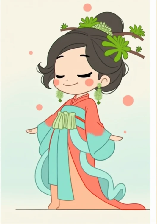 Cartoon of a Tang Dynasty girl in red and cyan hanfu, full body,with big laugh. a cartoon character design in an animation style. white background. Flat illustration style. A minimalist vector illustration of an ancient Chinese woman wearing green with Cor...