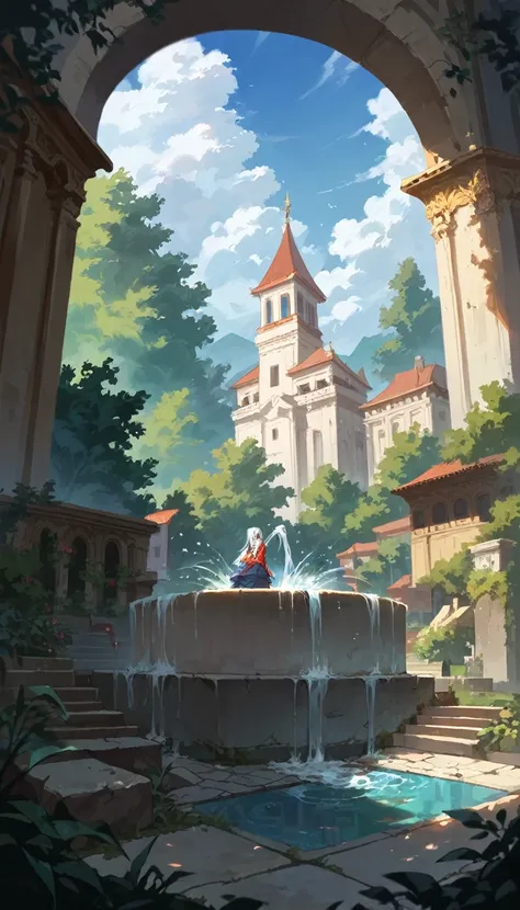 Detailed work,  best quality , ความคมชัดระดับ Full Ultra HD, 1920p resolution,  realistic light and shadow, Gradient, Anime, background, fountain, จากซีรีย์ Alya Sometimes Hides Her Feelings In Russian, Alisa Kujou,  Blue Eyes , ตาแบบAnime, Long white hair...