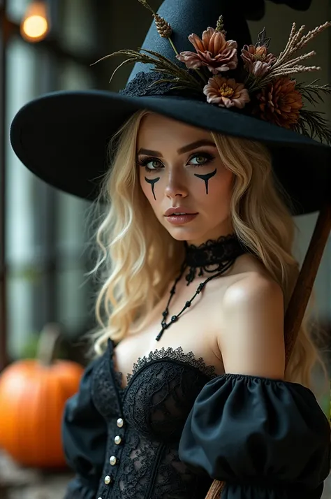 This image showcases a woman dressed in a witch-themed costume with intricate details. Here’s a breakdown to help recreate it in professional 8K quality:
	1.	Subject and Pose:
	•	The woman is holding a broomstick with one hand, angled diagonally across her...