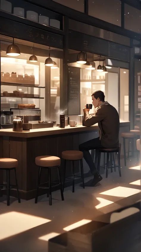 The man is seated at a small café, sipping a cup of coffee, lost in thought. The café interior is cozy, with large windows letting in streaks of light, illuminating dust particles in the air. A barista works in the background, adding depth.