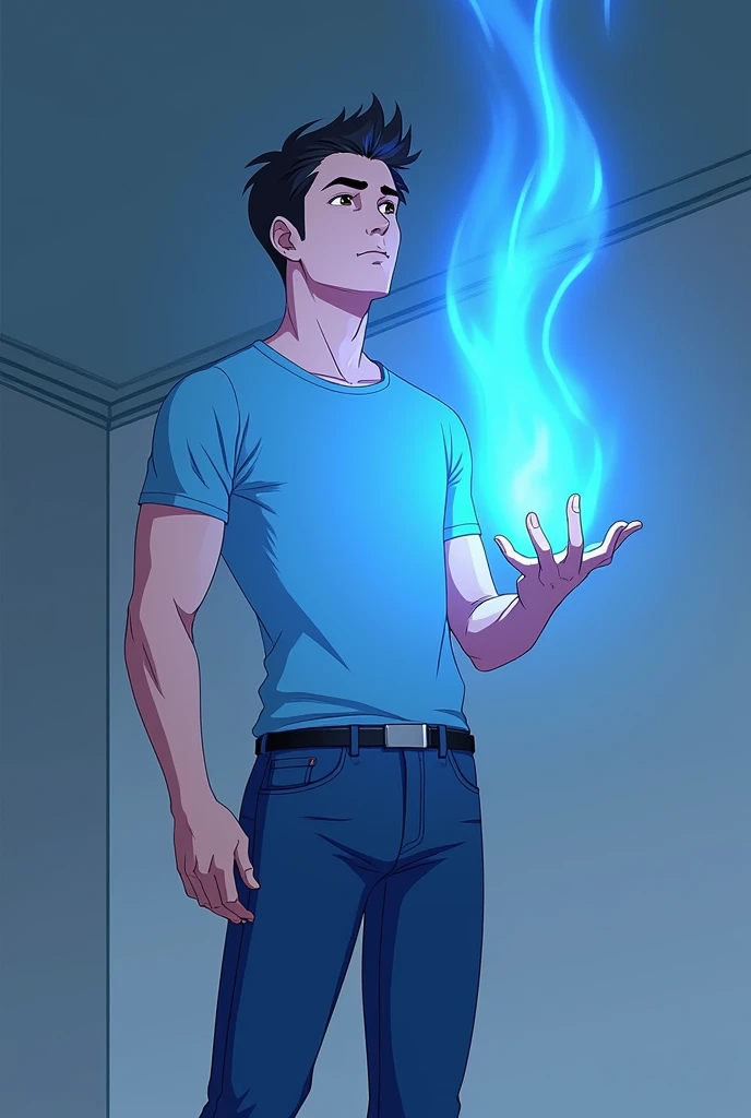 Create an animated image of a tall Good looking Men of age 20. beautiful Eyes and white Skin Wearing Jeans and blue half t shirt and spreading his hand . Blue Colered aura is realising From his hand . And he is seeing Upward.