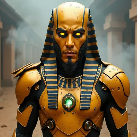 Egypt God, gold futuristic armor, glowing light eyes, Biomechanical, eerie, Creepy, nightmarish, Very bright colors, Light particles, with light glowing, Mshiff, wallpaper art,full body details,Armer full body, smoke ,UHD wallpaper