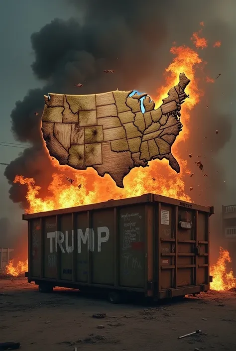 map of the united states falling into a large dumpster in which a fire is brightly burning with billowing black smoke. The side of the dumpster reads "Trump"