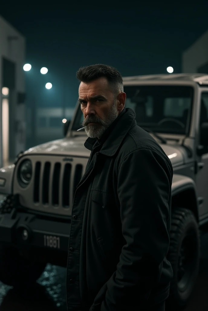 high quality, 8K Ultra HD, this image would be in 2:35:1 a Hollywood theme moody night, a sharp focused A dude with Short hair and beard,standing infront of a Jeep with A cigarette in his mouth 