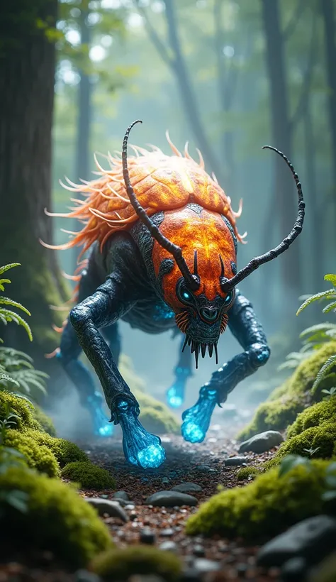 A realistic fire beetle fused with a realistic ice dog in a forest