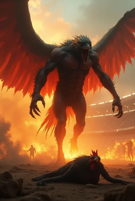 "Create an image of a giant, black and red hybrid creature with wings, an evil face, covered in fire, flying, combining a vulture and a military soldier. The upper part should have vulture-like features, including the furry skin and elongated head, while t...