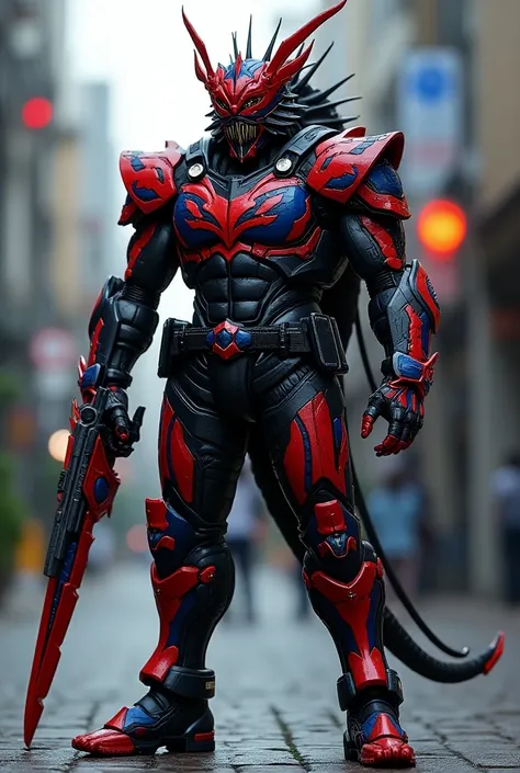 Kamen rider police is red blue black using monster armor with a half Kamen rider half monster head 