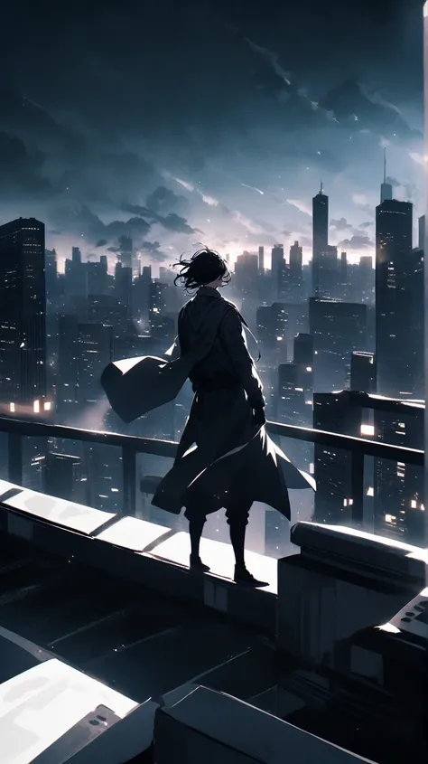 On a city rooftop, he stands gazing over a sprawling skyline filled with tall buildings and flickering lights. His hair blows slightly in the wind. The contrast of dark buildings against the white sky adds a dramatic, cinematic effect.