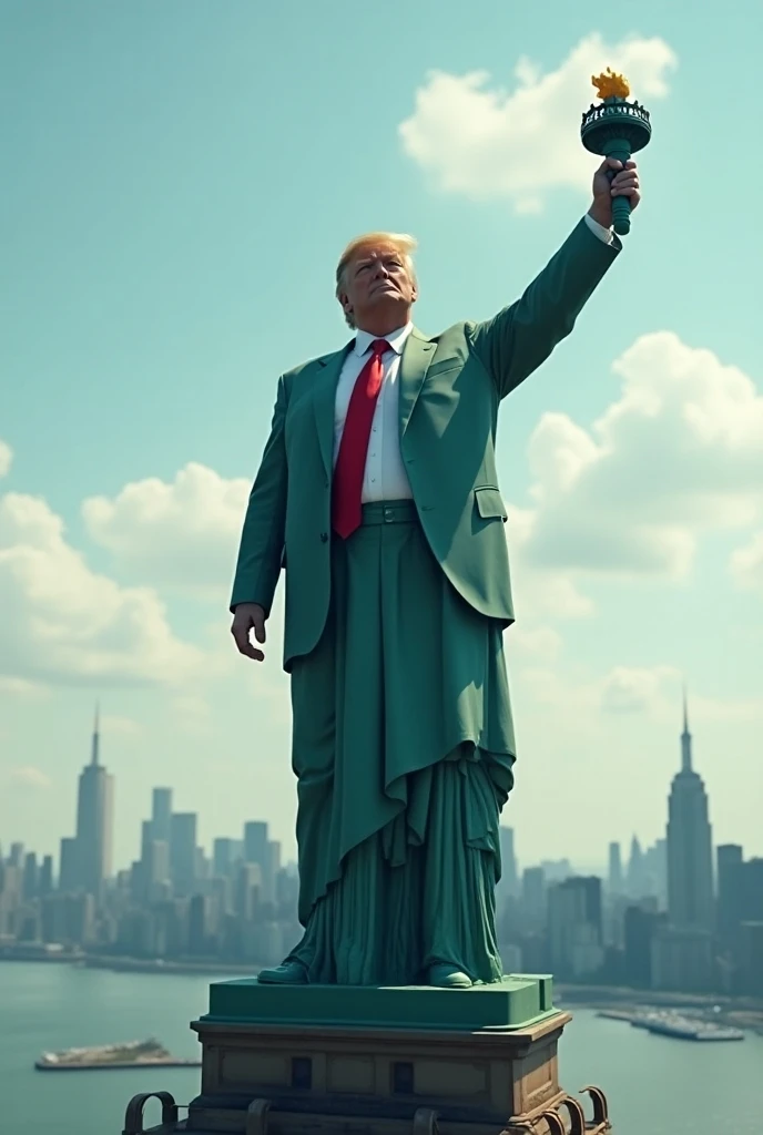 Donald sur la statue de la liberté qui tient la flamme