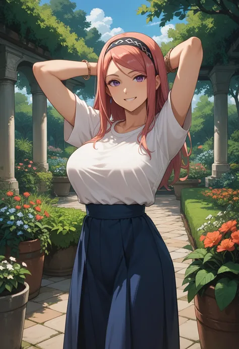 masterpiece, best quality,sharpness,absurdres 1girl, kushina uzumaki,, hairband,, bracelet, looking at viewer, (arms behind head:1.1), smile,, middle large breasts,standing in a garden,arms behind back,closeup,