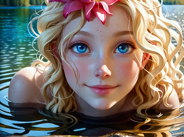      Crystal clear lake. Realistic photography, fantasy world, bright colors, idyllic landscapes, early spring. fine and detailed body textures. volumetric light. Front postures. Eighteen year old girl, fair white skin, blond, long curly hair, thin, blue e...