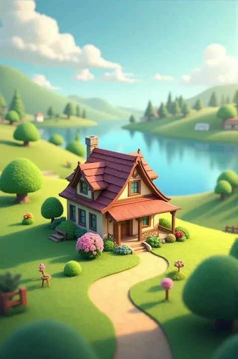 In a green backcountry, the house is located on a grass hill with a view of a lake in the distance..3d, style Animation.