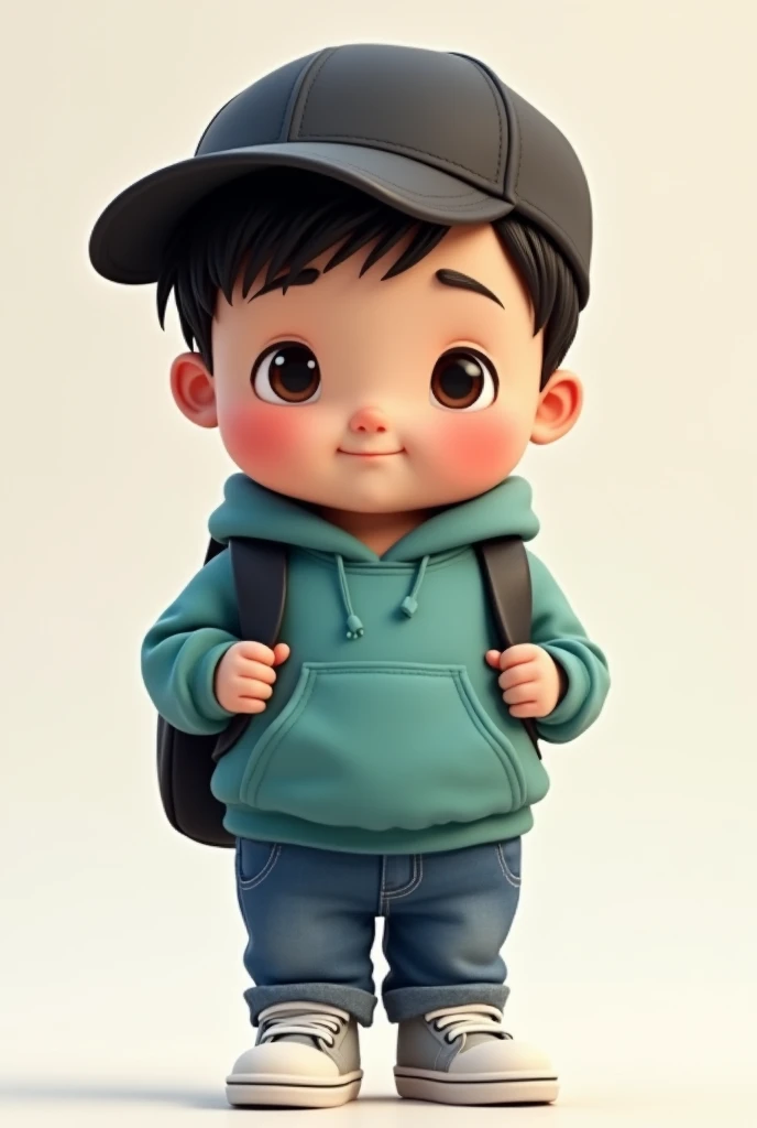 Tender boy chubby black hair black sports cap teal sweatshirt blue jeans white tennis shoes and black backpack 