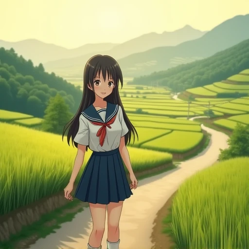  beautiful Japanese high school girl　hours of day　 Rice Paddy Road in the Countryside　smiling
Breasts are d cup 