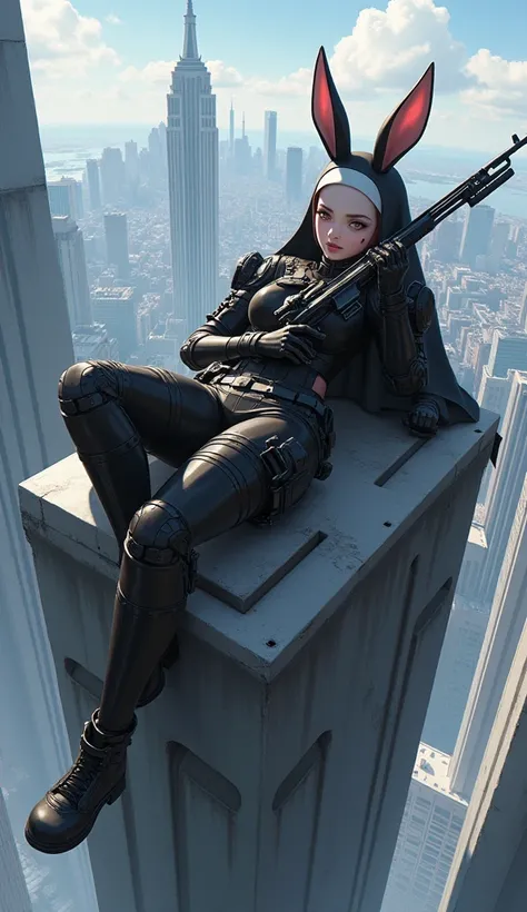 humanoid bunny warrior nun, combat armor, lying down on top of a building armed with sniper rifle, scar across left eye, beautiful, deadly, photorealistic, anime, illustration