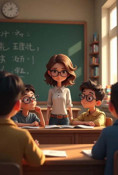  girl with wavy hair up to her shoulders and glasses, Boy with glasses and beard and thin boy,  talking to a teacher in a classroom  