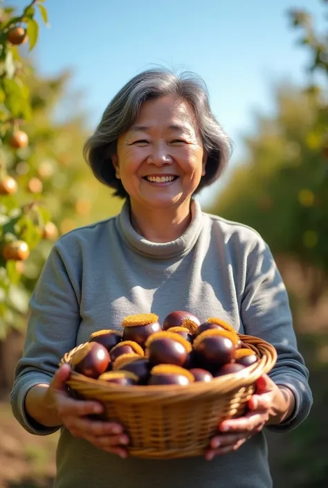 Real photography style, on a sunny day, a slightly plump Asian woman in her 50s holds a basket with both hands. The basket is filled with very large and plump brown chestnuts, some of which have yellow flesh exposed. The woman looks at me with a big smile ...