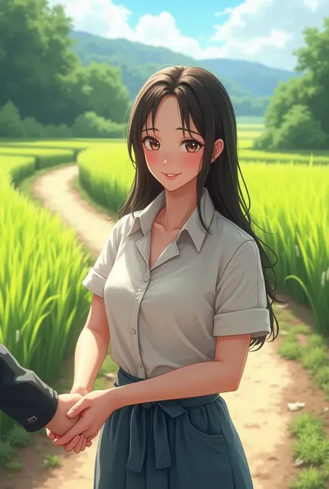 Ultra-realistic　 Ultra HD　 Rice Paddy Road in the Countryside　Beautiful High School Girl　 big smiles at handshake event 　Her chest is a D cup