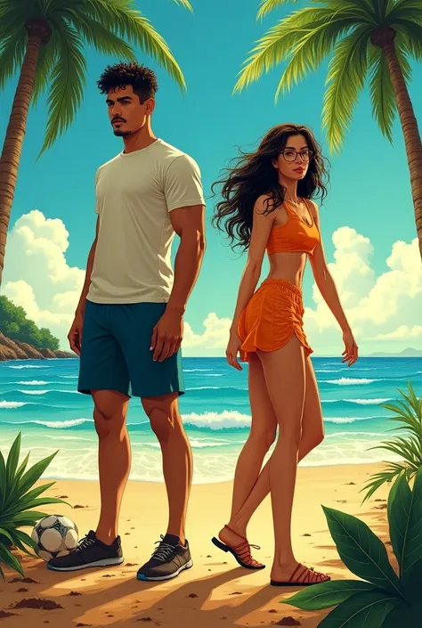  I would like you to write a university novel book in which the cover is a soccer player and a nerd, Add elements that remind you of Brazil ,  such as the beach in the background and vibrant colors ,  in addition to elements of the Brazilian flora 