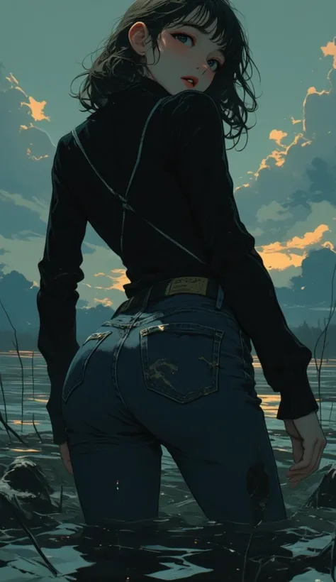 teen age girl in sexual tension, turtlenecks and tight skinny flared jeans ,kinky drowning in a swamp of quicksand,sky, red lips, side view, epic light