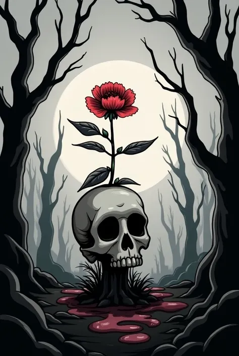 a scary cartoon that contains a red flower on top of a skull in a black and white setting full of dead trees