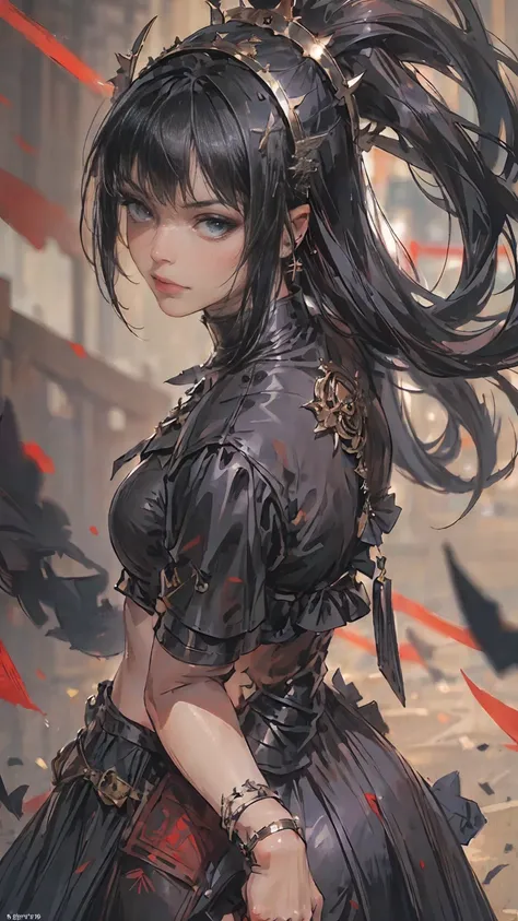 (Best Quality),(high resolution),(beautiful face and eye),(Modern anime drawing art ,mate dark colors , oil painting),(solo focus portret art ,pose in motion, dynamic angle ),(Great composition , professional staging),overhead view, 1mature girl! with long...