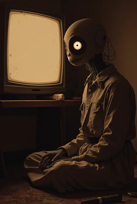 Space, TV on, sepia, grainy, eerie environment. Creepypasta is a scary space monster entity... in the style of Elson Peter, Diego Dyer, Peter Mohrbacher, Karol Bak. (1 full-length frame. 32k hyper HD), masterpiece, best quality, ultra-detailed (solo, 1 ent...