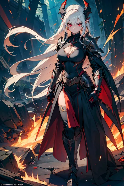 Prompt: ((masterpiece, best quality, 16k)), ((full body)), (1girl), A powerful demonic elf with flowing white hair, fierce red eyes, and dark, smoldering tattoos across her skin like burning embers. She wears a blackened armor infused with molten red desig...