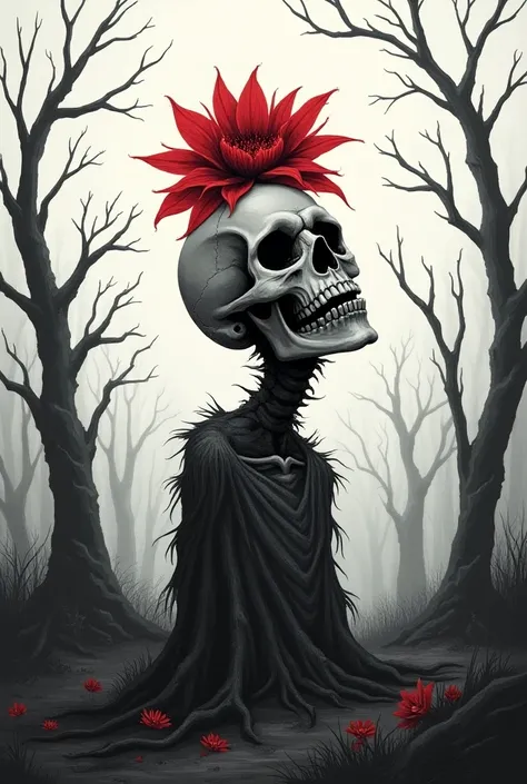 a scary cartoon that contains a red flower on top of a skull in a black and white setting filled with dead trees with a very faint gray mist