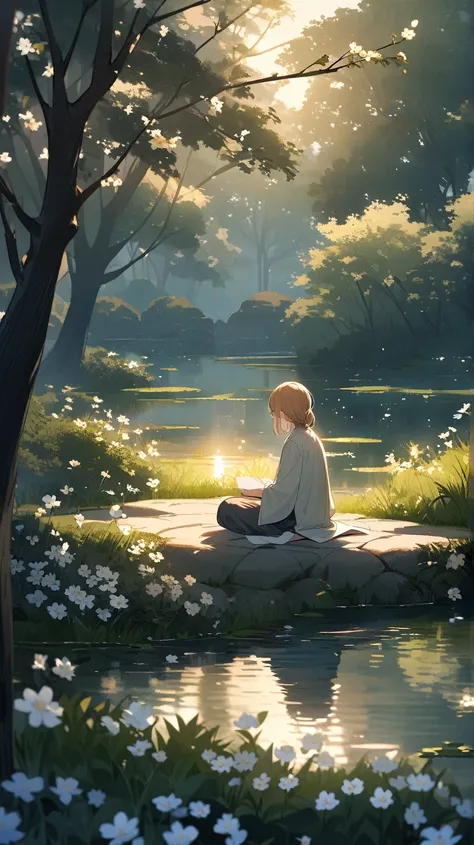 In a tranquil garden at dawn, he meditates beside a small pond. The surface of the pond reflects the first light of morning, while delicate flowers and trees frame the scene with natural beauty