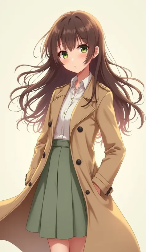 beautiful cute  (drawn)   with green eyes and long wavy brown hair in a long unbuttoned beige trench coat,  anime girl fully developing in the wind  ,   Looking at the viewer .