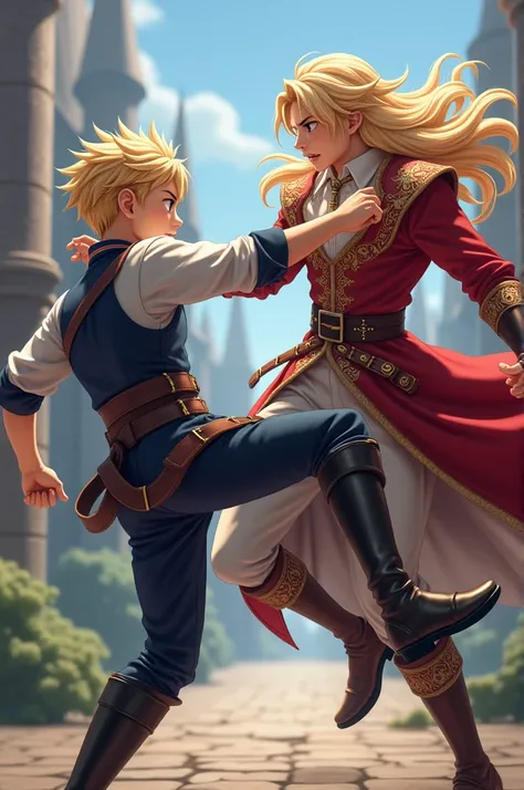 A young man from the Aovi game named Hayate kicks a handsome blond hair wearing a medieval dress