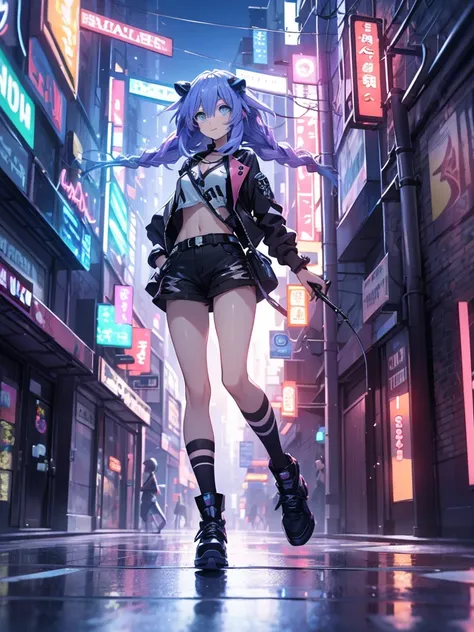 Masterpiece picture quality，Rainbow，Urban girl，ssmile，number art，style of anime，Retro anime girl，Punk girl，in an anime style，dual horsetail，Trendy，neonlight，depth of fields, Primer plano, Profundidad de campo