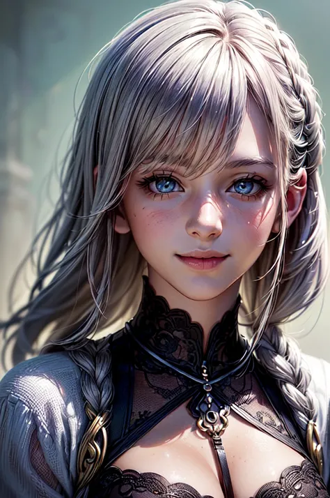 (((masterpiece, Best Quality, Super detailed, ID photo,  1 girl, front face, realistic:1.2, Romanian))), best cute, smile,  mysterious, kind face, Dark Fantasy, Silver Hair,  semi-long, braid, beautiful, Final Fantasy art, Elegant, Light clothing