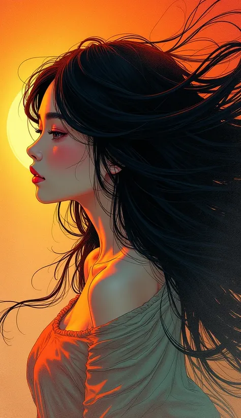 super-detailed American comic book illustration, flowing long black hair, dreamy, magical, fantasia, serialism, Chinese painting-style ink wash, glitch art distortion, vibrant warm colors, smooth flat lines, HQ textures, sensual moment, romantic atmosphere...