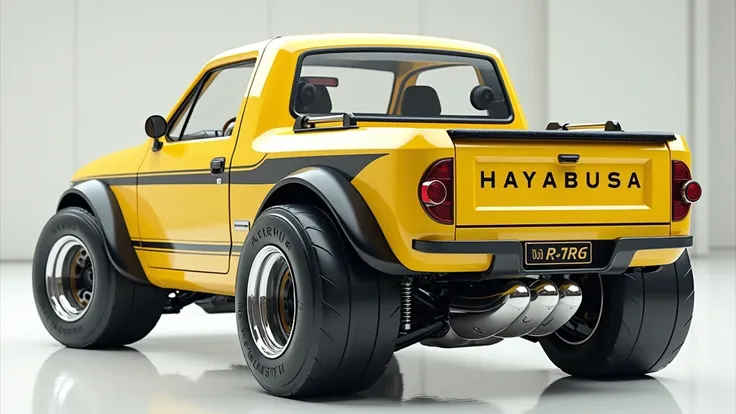 "A highly stylized, powerful, and futuristic yellow Hayabusa pickup truck with sleek, shiny black details. The truck has massive, oversized rear tires, a sporty custom paint design with black accents along the sides, and bold rear lights. It stands in a mo...