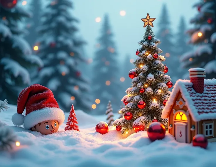  a background with aesthetically pleasing and unique christmas decorations,  complete with snow , spruce, hadiah, santa hat , Gingerbread House,  christmas ornaments and decorative lights. 4K HD