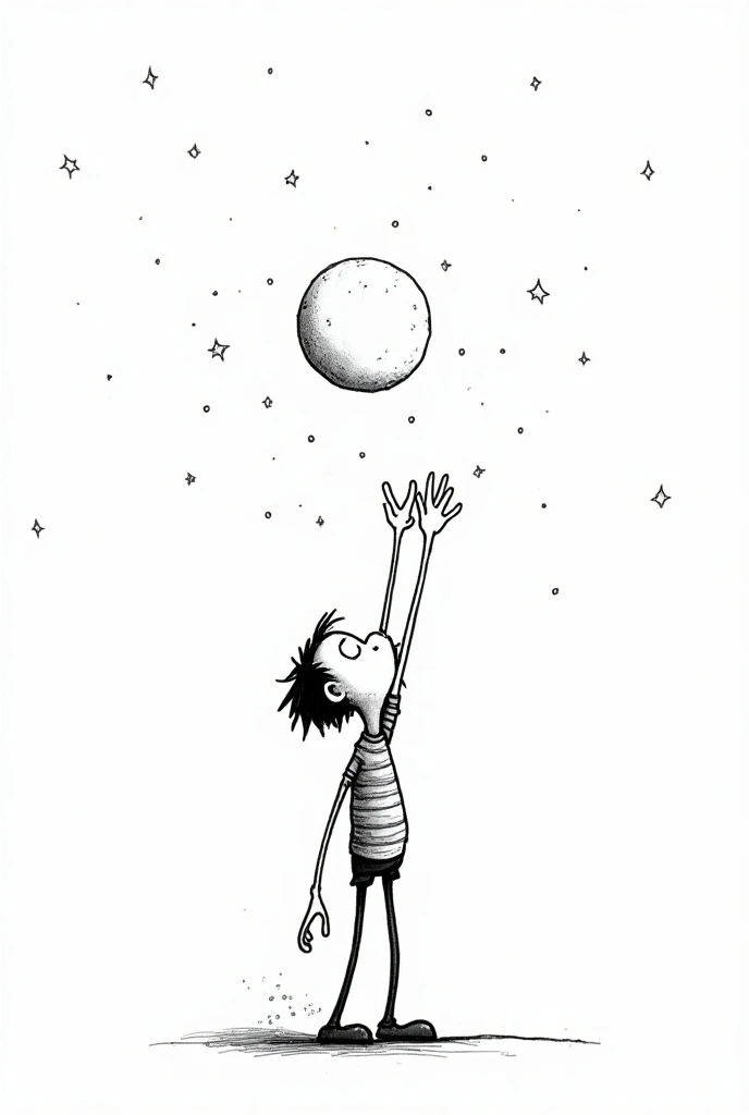 Create an image with a man in a cartoon wanting to reach the moon , In black and white