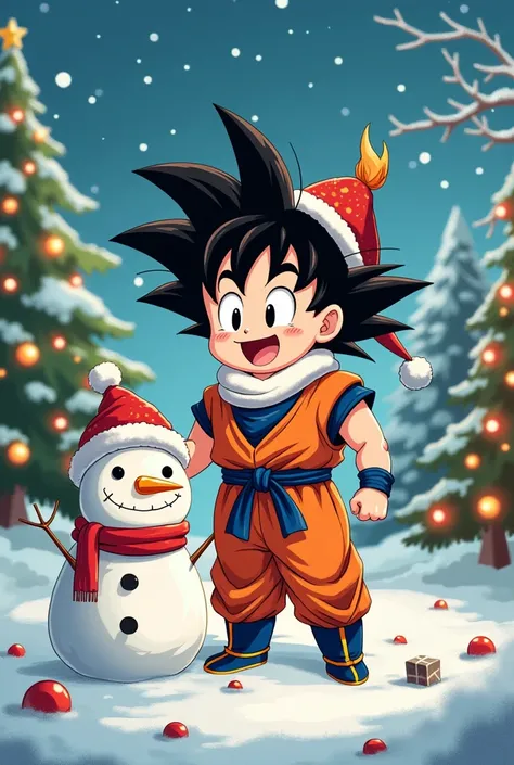 Images of little Goku Christmas in Christmas outfits with Christmas background 