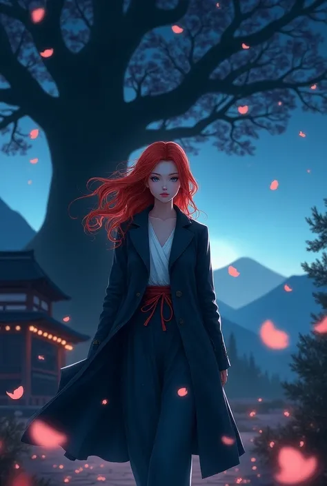 (best quality, masterpiece),(1beautiful woman, coat, expression face, blue eyes, looking at front ,red hair, walking, upper body), (night strray sky, huge old tree behind, falling glowing petals behind, shrine behind, mountain background, blowing wind, met...