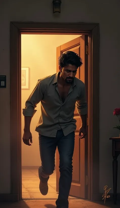 "Ajay rushes out of the room and slams the door shut with all his strength. He looks relieved but shaken, glancing back to ensure the door is closed tightly behind him."