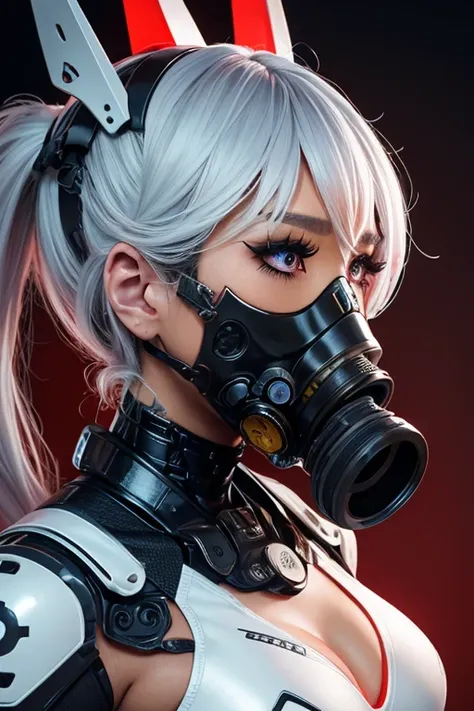 Futuristic attractive woman ,colour contact lens,
STEEL BODY ARMOR ,  WHITE CYBORG PROTECTOR ,  futuristic animal ear headgear,High Tech Accessories,(futuristic Hi-tech cool gas mask :1.2),break,(A profile of a face facing forward, taken from the neck up:1...