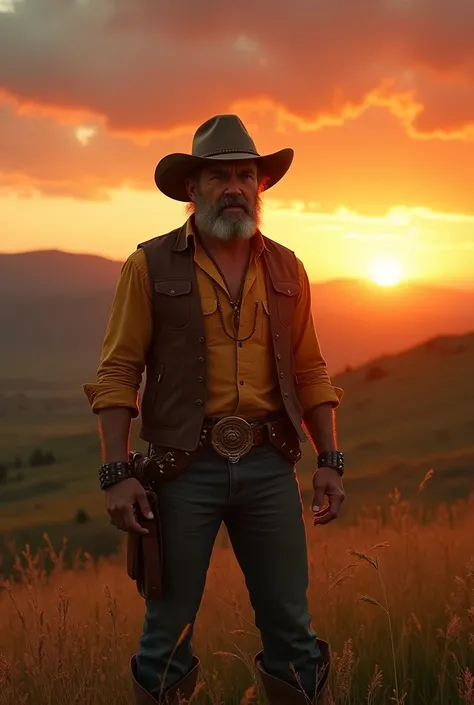 Wide-angle, golden-hour glow, a rugged man in traditional cowboy attire, serene countryside, vibrant sunset, photorealistic, ultra-detailed, intricate shadows and highlights, 8k, HDR,