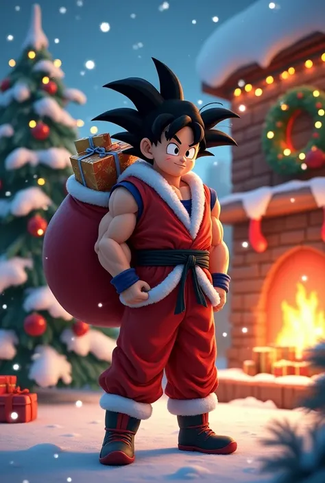 Christmas images of Goku in Christmas outfits with Christmas background 