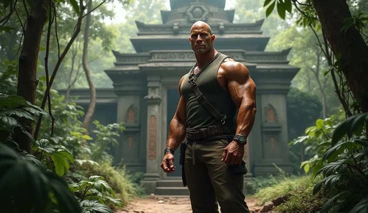 Dwayne Johnson in Jumanji game standing front of ancient structure in the forest. 