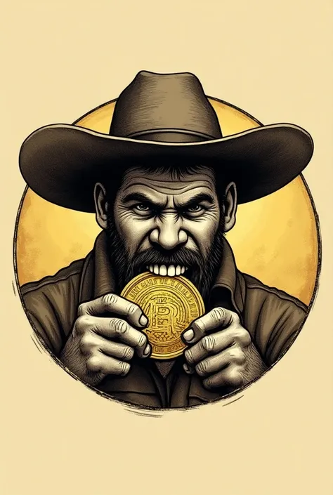 Im going to make a Uruguayan server and I need a logo of a gaucho biting a gold coin with his teeth and you can tell the smile. Make the image round 