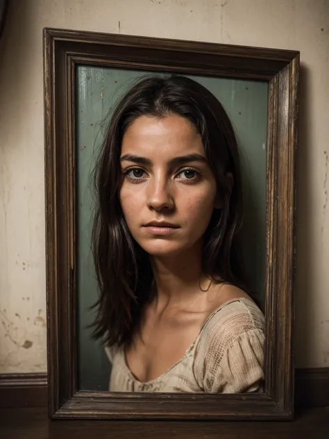 "an old, dusty portrait of a young woman in a worn wooden frame, with a sad and haunting expression. her eyes seem to hold an un...