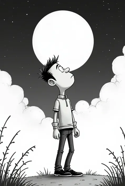 Create an image with a man in a cartoon looking at the Moon, In black and white 