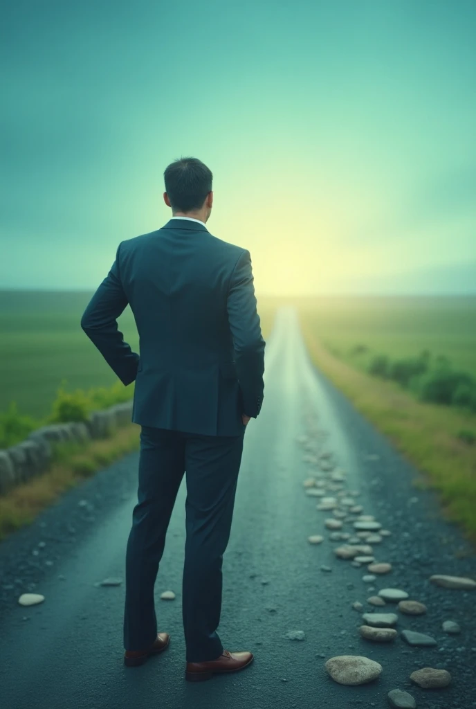  Image of a figure in business attire ,  with a posture of power and trust ,  standing in front of a long and challenging road that leads to a promising horizon. in the path, there are minor obstacles , like stones,  representing the challenges that will b...