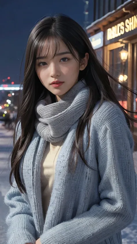 solo,  gaze realistically ,  high resolution on down, masterpiece,  anatomically correct, Best Quality,  Ultra High Definition,  Textured Skin, woman、Center parted medium length hair、 big breasts at the temple、 The background is a beautiful winter cityscap...